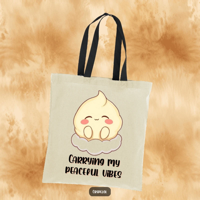 Funny tote bag with a happy crepe character floating on a cloud, eyes closed and humming, embodying peaceful travel.