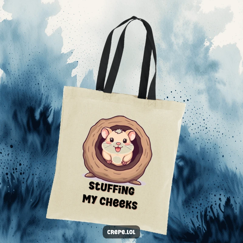 Funny tote bag showcasing a happy hamster peeking out from a hollow log, perfect for carrying essentials.