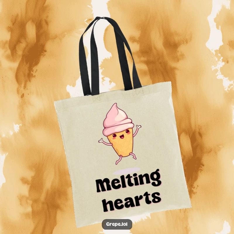 Funny ice cream cone with legs doing a silly dance, printed on a durable tote bag.