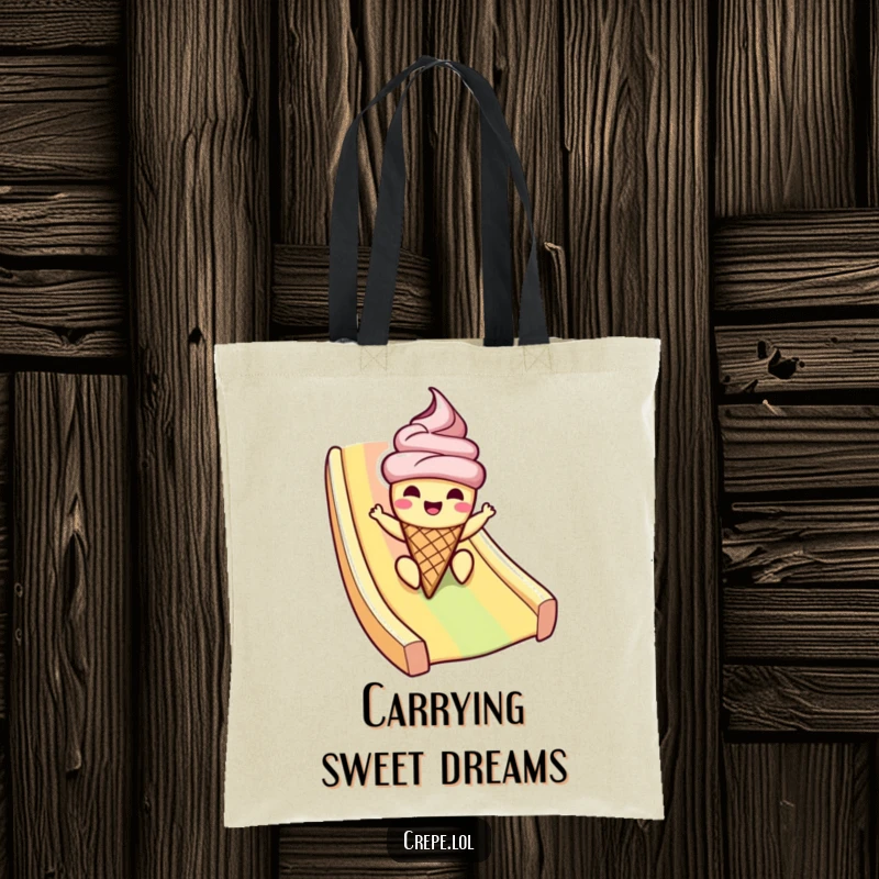 Funny ice cream tote bag featuring a cheerful cone character sliding down a rainbow, designed for stylish and humorous carrying.