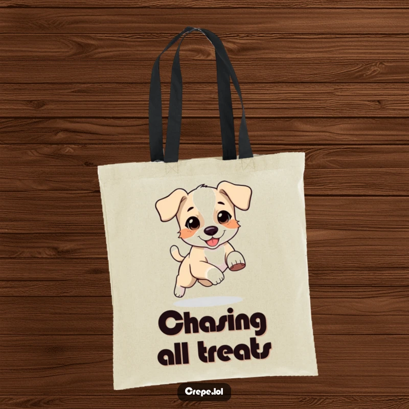 Funny tote bag showcasing a bouncing puppy with floppy ears chasing its tail, perfect for carrying essentials.