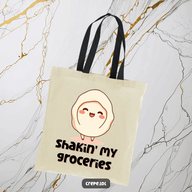 Funny tote bag illustration of a happy crepe shimmying, with filling visible, a charming accessory for food lovers.
