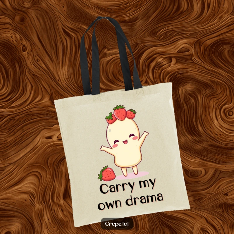Funny tote bag showcasing a crepe with a strawberry crown, executing a playful flip, perfect for carrying groceries with flair.