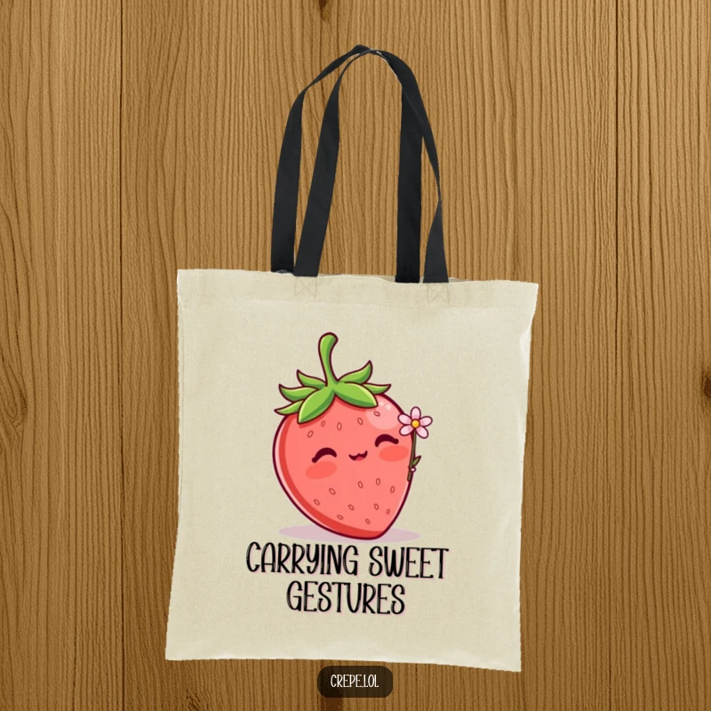 Funny Strawberry Flower Tote Bag featuring a blushing strawberry holding out a tiny flower, perfect for carrying essentials with sweetness.