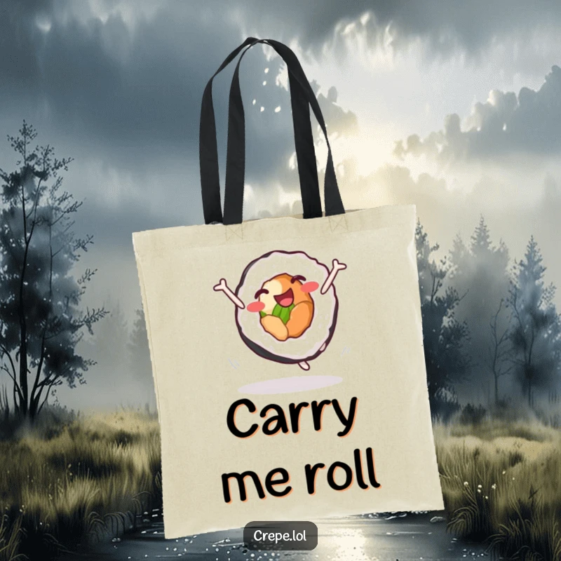 Funny sushi roll cartwheel tote bag, showcasing a delighted character mid-cartwheel, ideal for carrying groceries with a humorous, playful vibe.