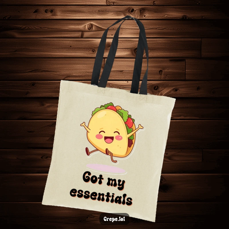Funny tote bag showcasing a happy taco with legs executing a joyful cartwheel. Great for shopping and daily errands.