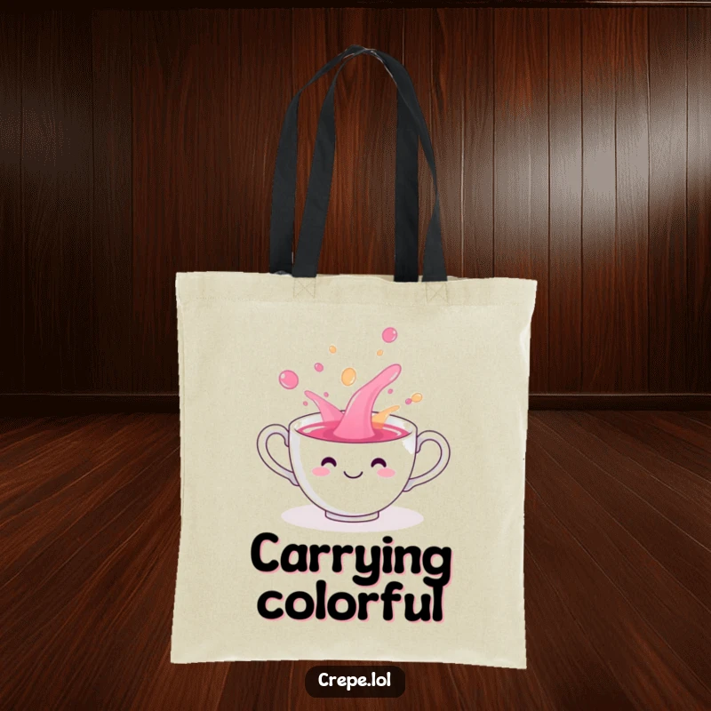Funny teacup smiling and playfully spilling colorful liquid, printed on a durable tote bag.