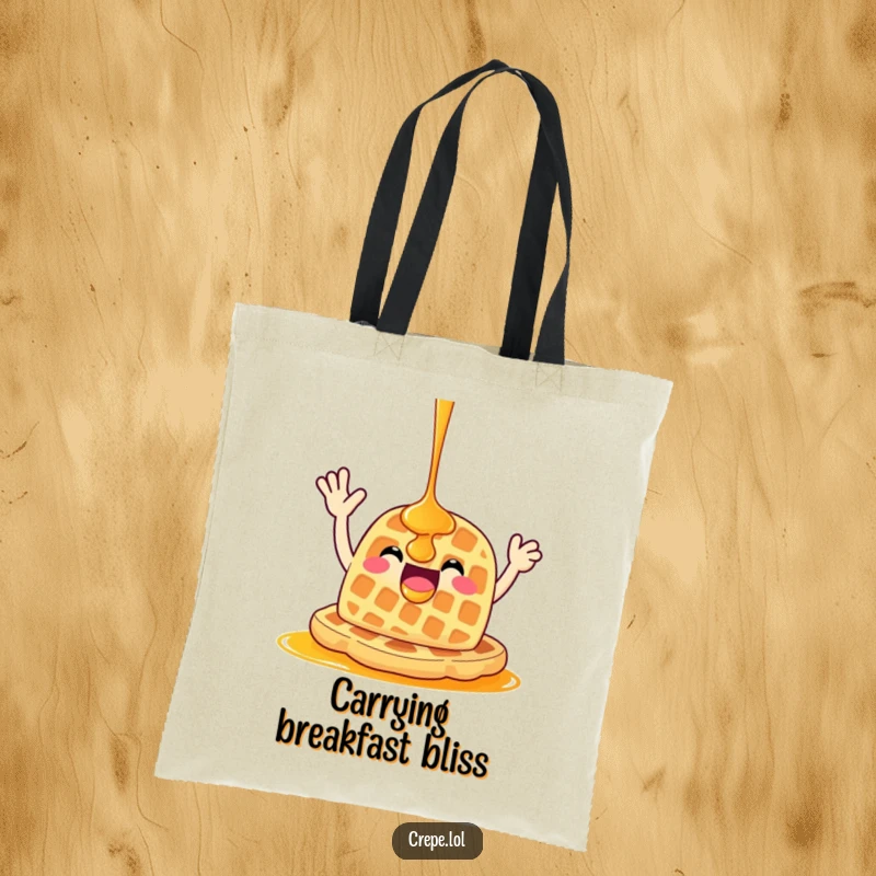 Funny happy waffle with syrup waving hello, featured on a durable and stylish tote bag for everyday use.