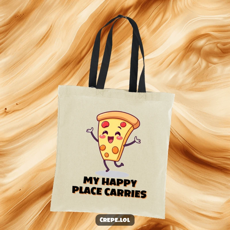 Funny pizza slice character tote bag, dancing gleefully, ideal for carrying essentials with humorous flair.