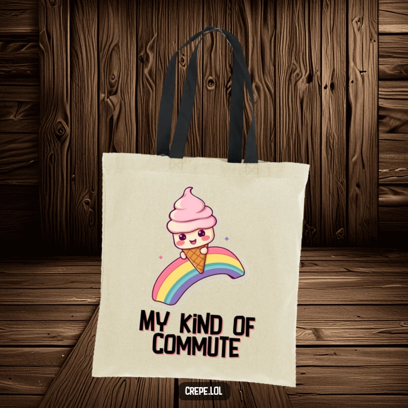 Funny tote bag featuring a playful ice cream cone character speeding down a vibrant rainbow, full of joy.