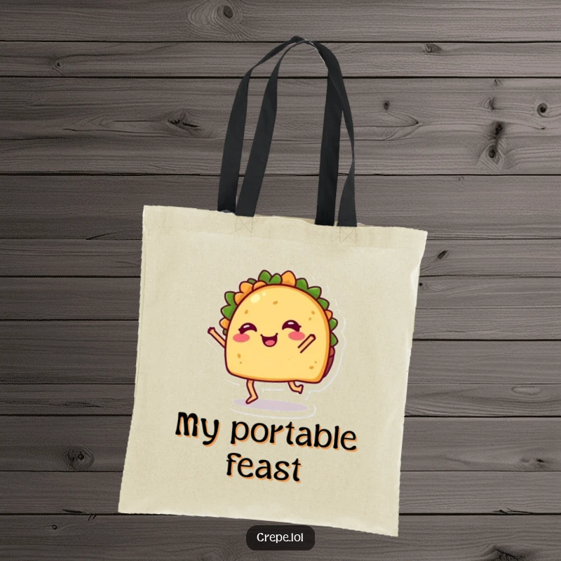 Funny Tote Bag: A happy taco with legs dancing, a vibrant and humorous accessory for food lovers.